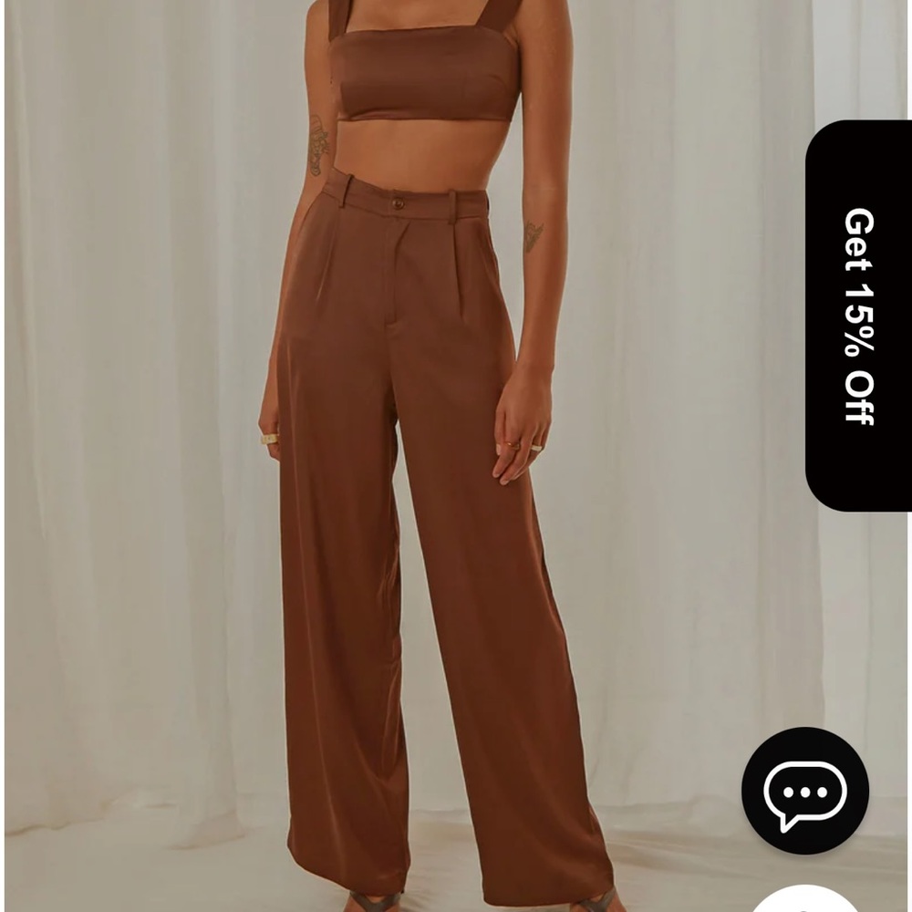 Peppermayo satin pant set two piece chocolate brown